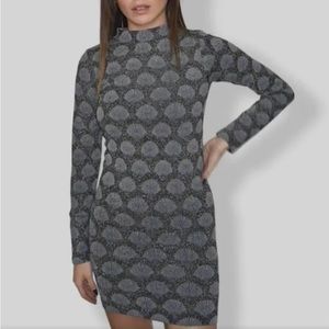 Zara New Seamless Jacquard Shell Mock Neck Long Sleeved Stretch Knit Mini Dress